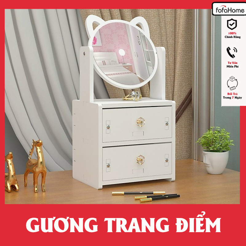 Gương Trang Điểm Để Bàn Tủ Để Đồ Trang Điểm Có Ngăn Kéo Và Gương Xoay 360, Kệ Để Đồ Đa Năng Thiết Kế Sang Trọng Màu Trắng