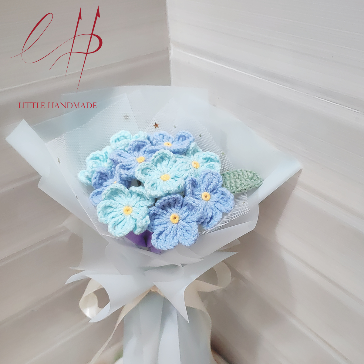 Bó hoa lưu ly xanh nhạt và xanh đậm 10 bông bằng len handmade