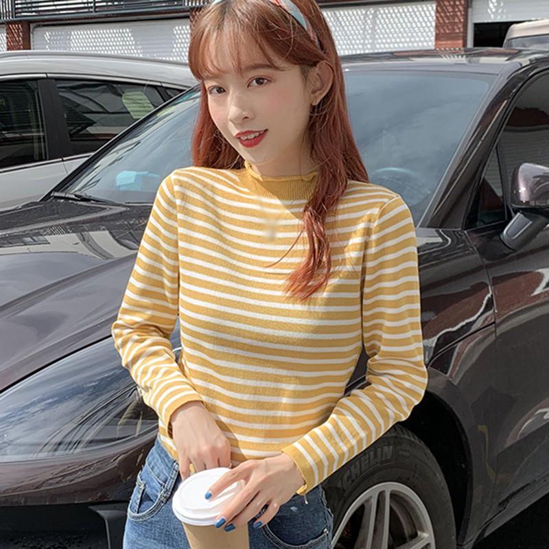 Áo Sweater Dệt Kim Cổ Lọ Kẻ Sọc Xinh Xắn Cho Nữ