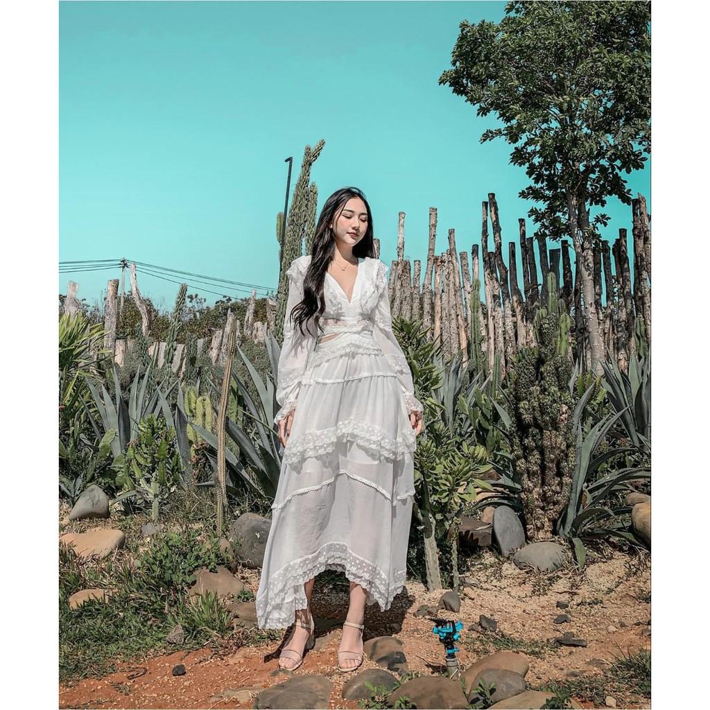 Đầm maxi đi biển trắng phối ren đan lưngđi chơi đi tiệc đám cưới, du lịch sang chảnh cao cấp PVC