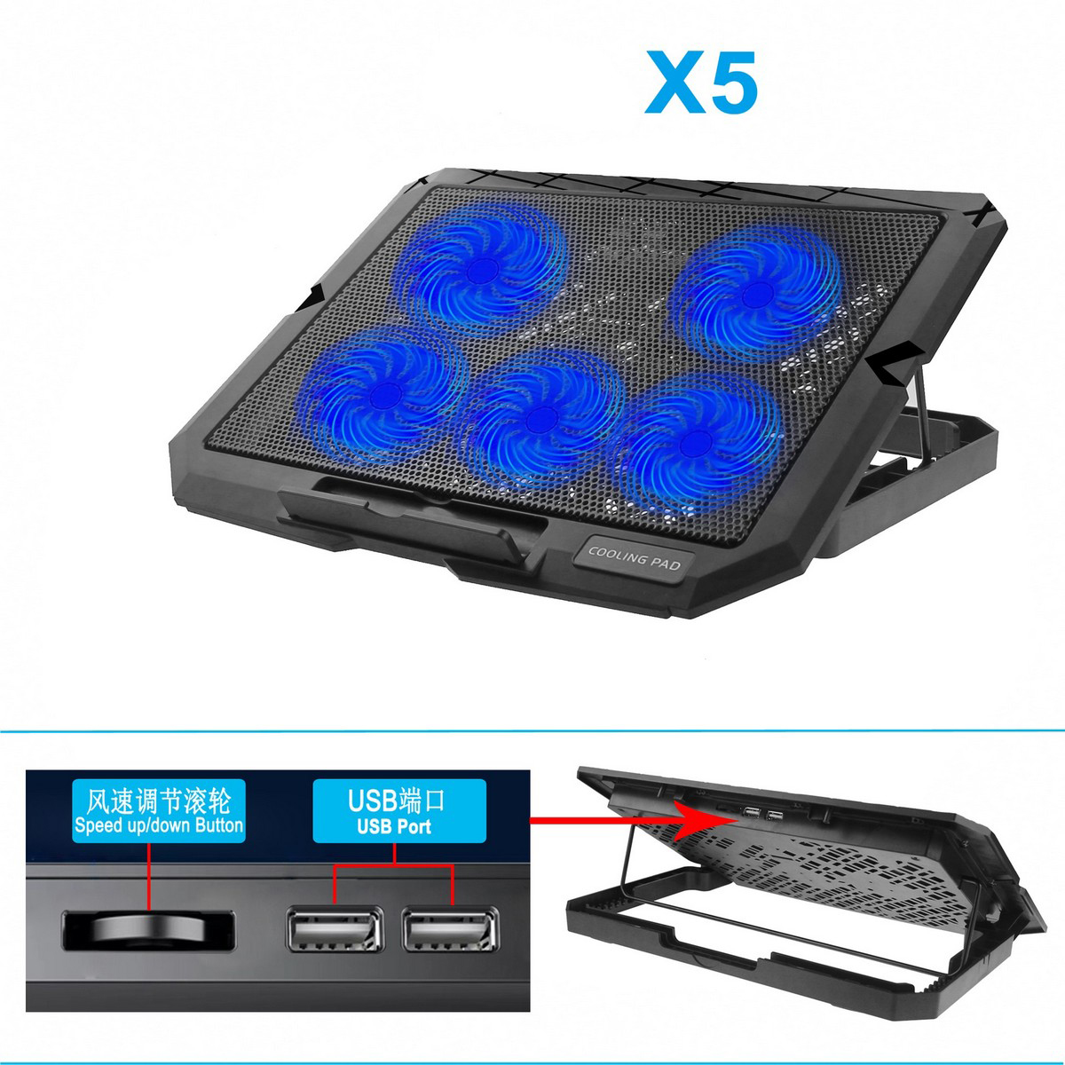 Đế Tản Nhiệt Laptop X5 5 Quạt Lớn Có Đèn Led 2 Cổng USB