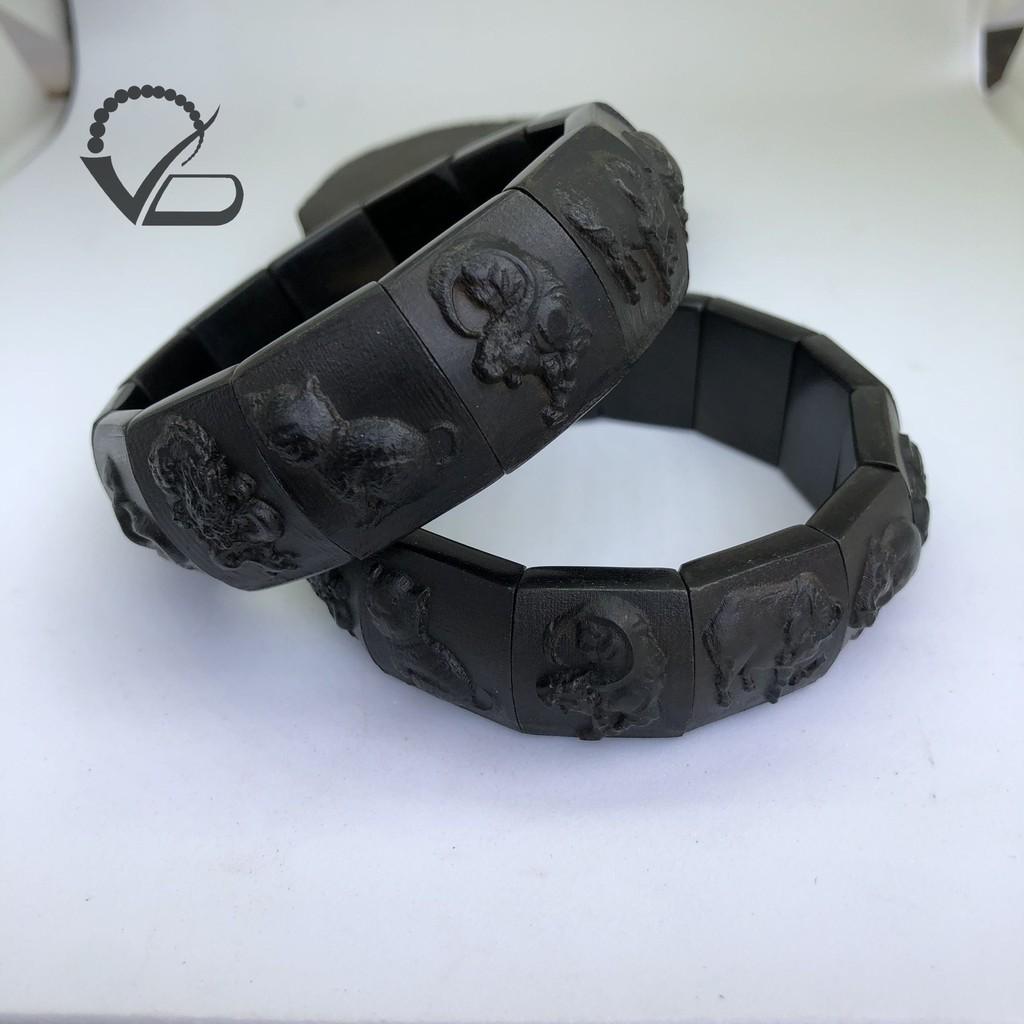 Lách tay gỗ Mun chạm khắc 12 con giáp - Vòng tay phong thủy gỗ Mun Sừng Cao Cấp CNC VĂN BÉ