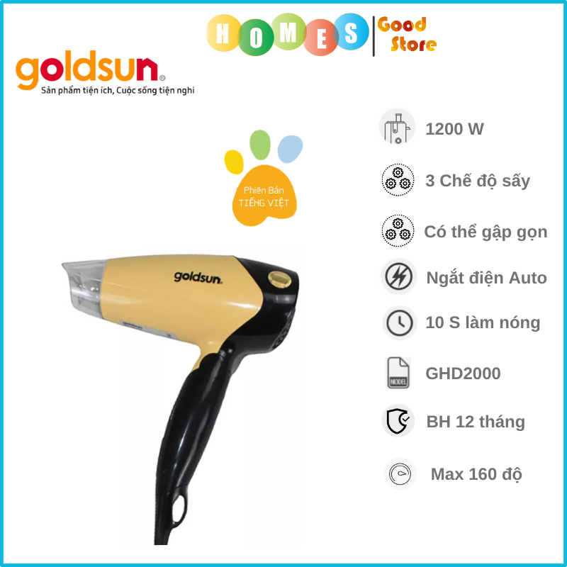 Máy Sấy Tóc GOLDSUN GHD2000 Có Thể Gấp Gọn, 3 Chế Độ Chỉnh. Công Suất 1200W - Hàng Chính Hãng