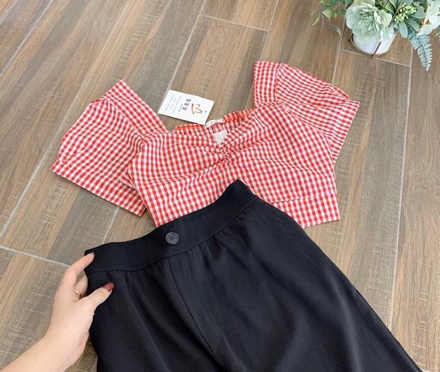 sét đồ nữBộ Quần Culottes Áo Croptop Kẻ Đỏ  Set Nữ Quần Dài Áo Ngắn Cộc Tay  set quần áo xinh mặc lên cực sang chảnhh