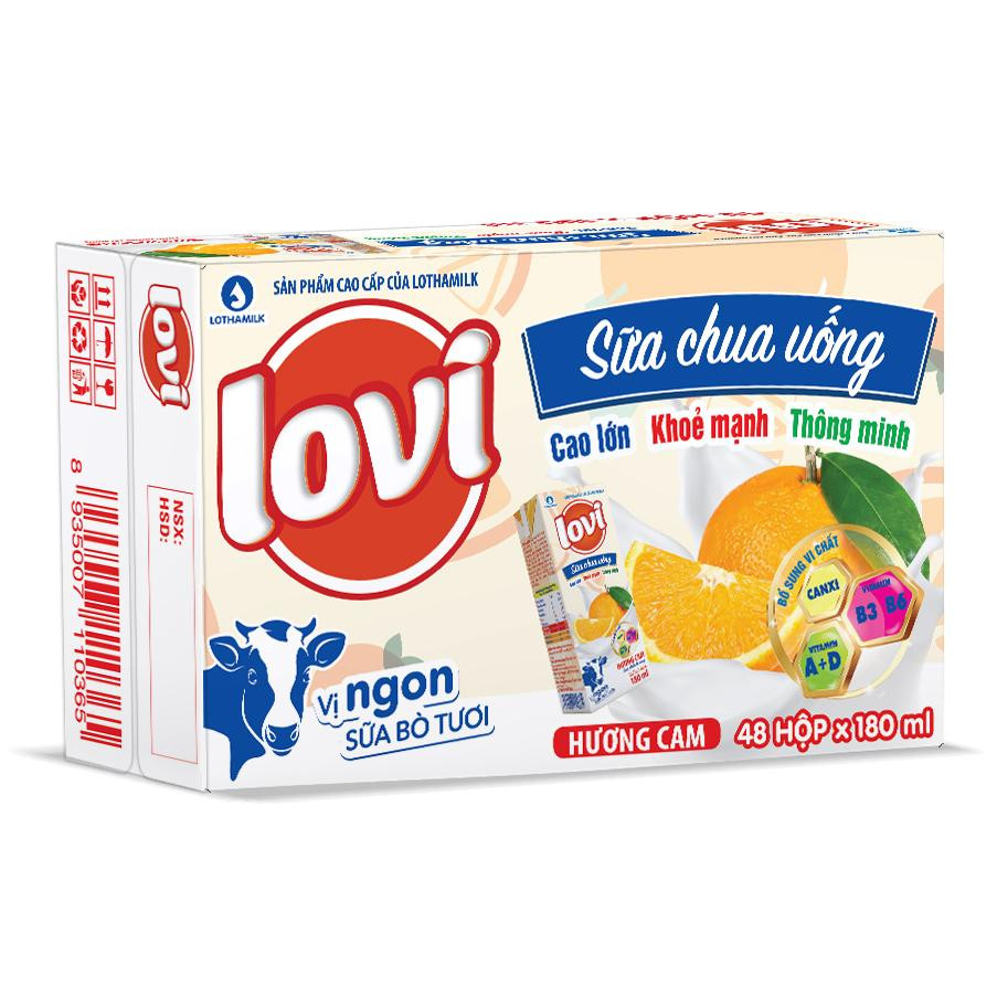 Thùng Sữa chua uống tiệt trùng Lovi hương cam 180ml  (4 hộp× 12 lốc)