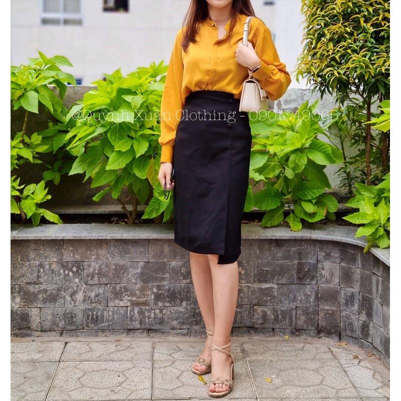 Áo somi lụa ánh nhung màu vàng và quần tây nâu giành cô gái công sở sang chảnh