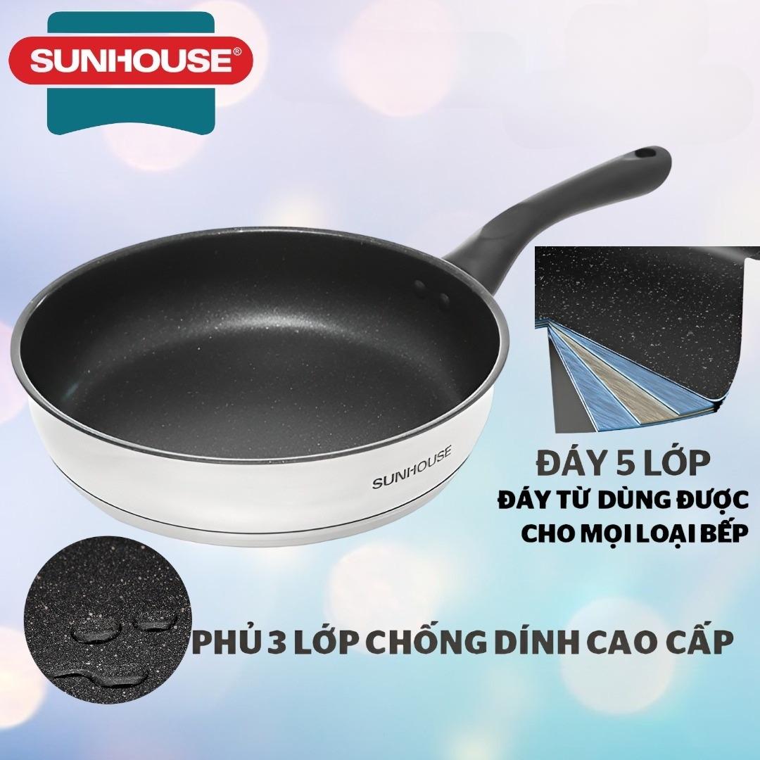 Chảo cạn inox 5 đáy SUNHOUSE 16-20-24-26-28cm dùng trên mọi loại bếp. Với chất liệu inox không gỉ cùng lớp chống dính Whitford cao cấp