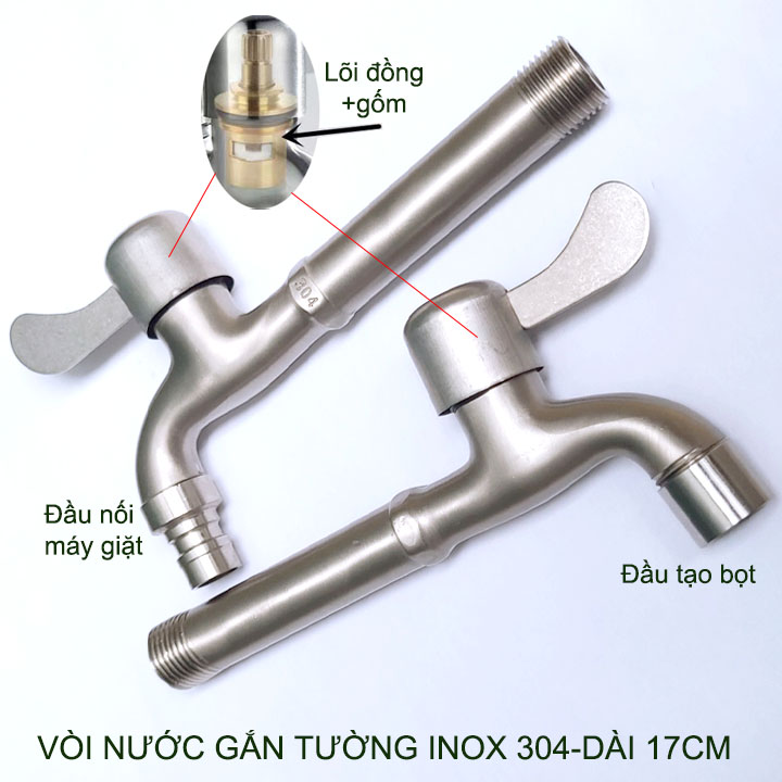 Vòi nước lạnh bằng inox 304 gắn tường thân dài 17cm, đầu tạo bọt hoặc gắn máy giặt tùy chọn (DN15 lắp cho ống D21)