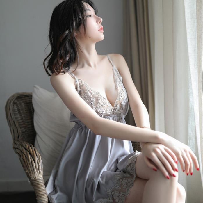 Váy ngủ công chúa hai dây ren ngực gợi cảm với màu xám quyến rũ