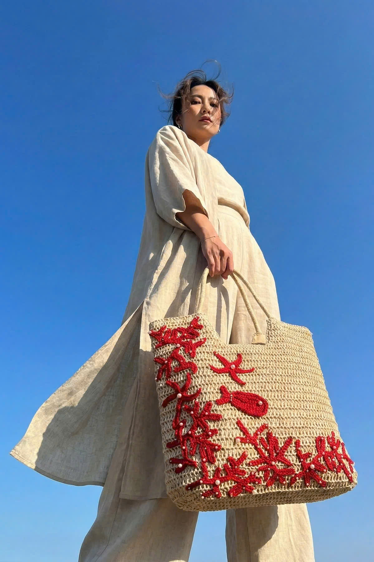 Giỏ Cói Tote Mềm Trang Trí Móc Len thời trang thiết kế Hity Acc018