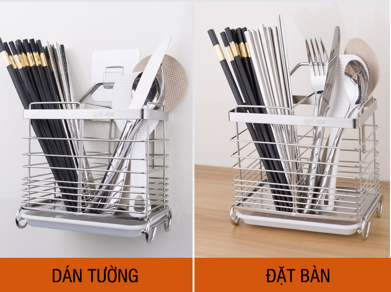 Kệ - Giỏ - Ống đựng đũa thìa muỗng inox dán tường- Tặng kèm miếng dán