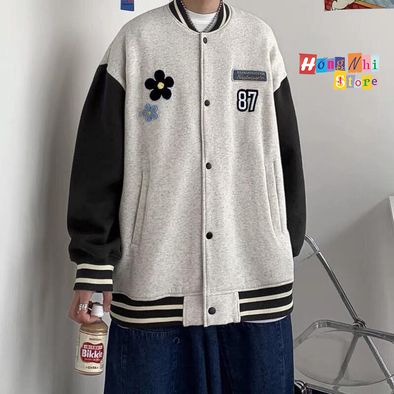 Áo Khoác Bomber Thêu Hoa 87 Viền Cổ Ulzzang Unisex Dáng Rộng Nam Nữ - MM