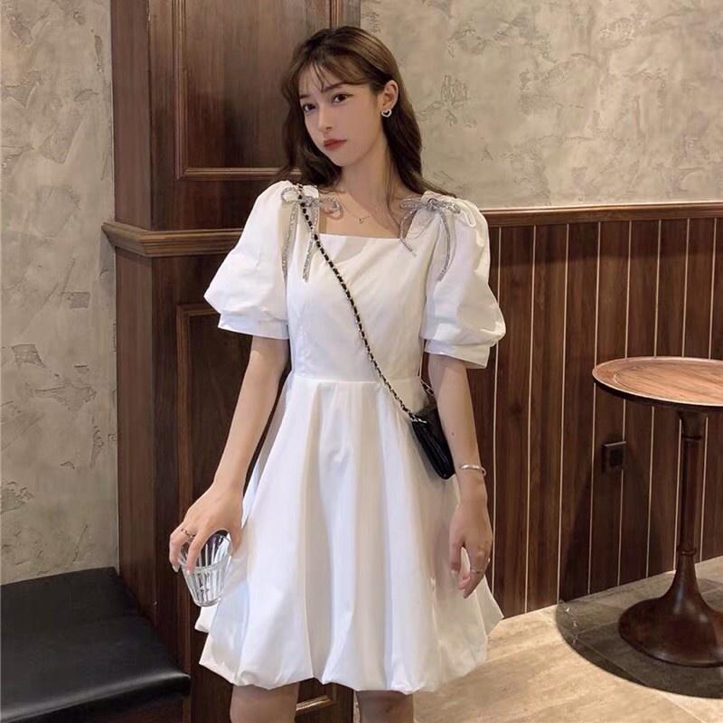 Đầm Nữ Vai Nơ Cổ Vuông Váy Nữ Cộc Tay Dáng Xòe