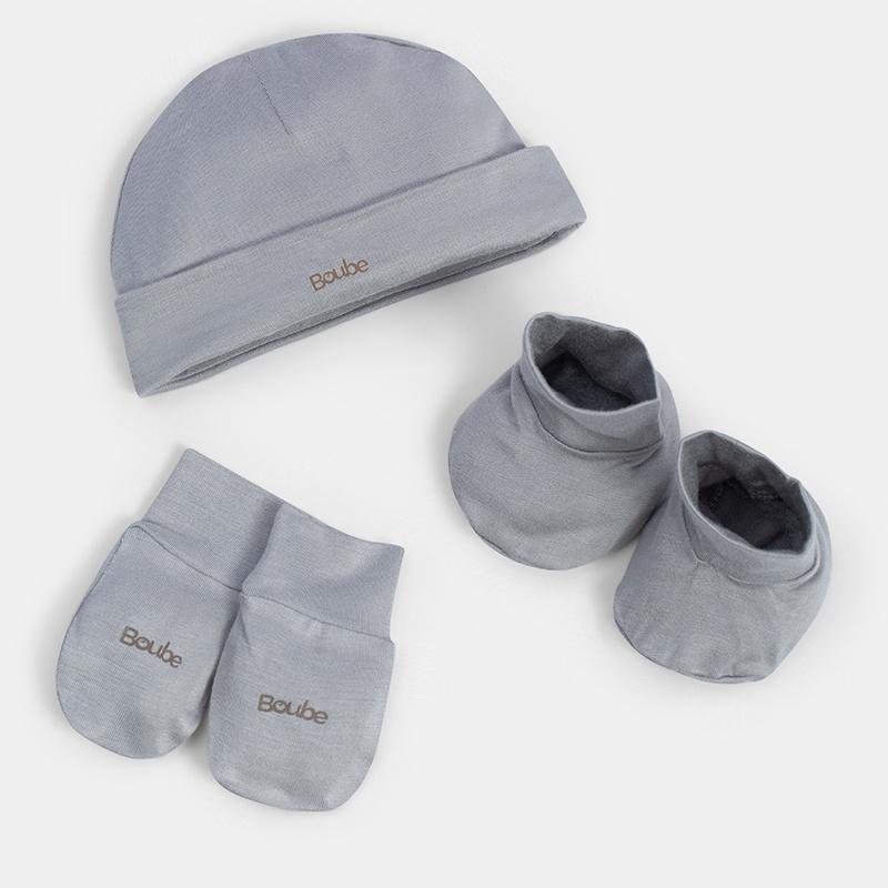 Set phụ kiện sơ sinh Mũ + Bao tay + Bao chân hoạ tiết, xanh, ghi Boube - Chất liệu Petit mềm mại thoáng mát-Size Newborn