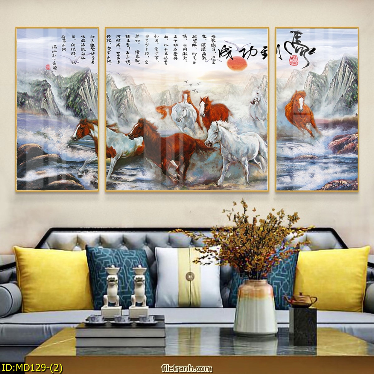 Bộ tranh tráng gương treo tường phòng khách đẹp - Tranh bộ 3 bát mã phi nước đại dũng mãnh