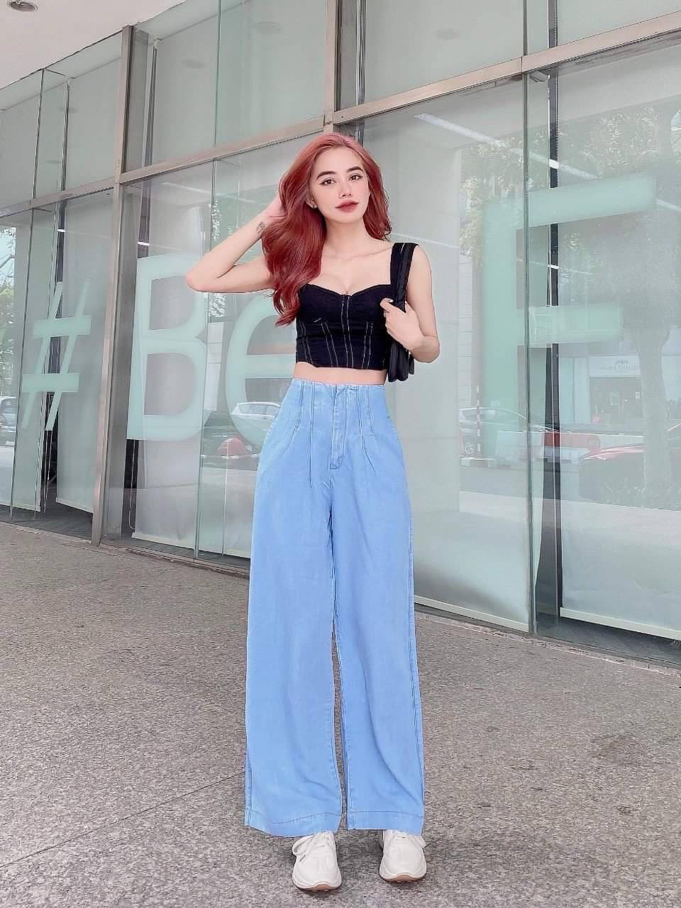 QUẦN ỐNG RỘNG SUÔNG JEANS DENIM BO EO