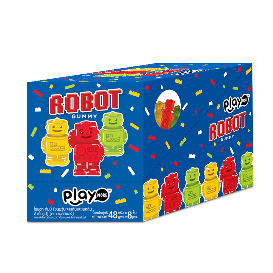 Hộp 8 gói kẹo dẻo 8 hình và 8 vị Robot Playmore 48g, nhập khẩu chính hãng Thái Lan