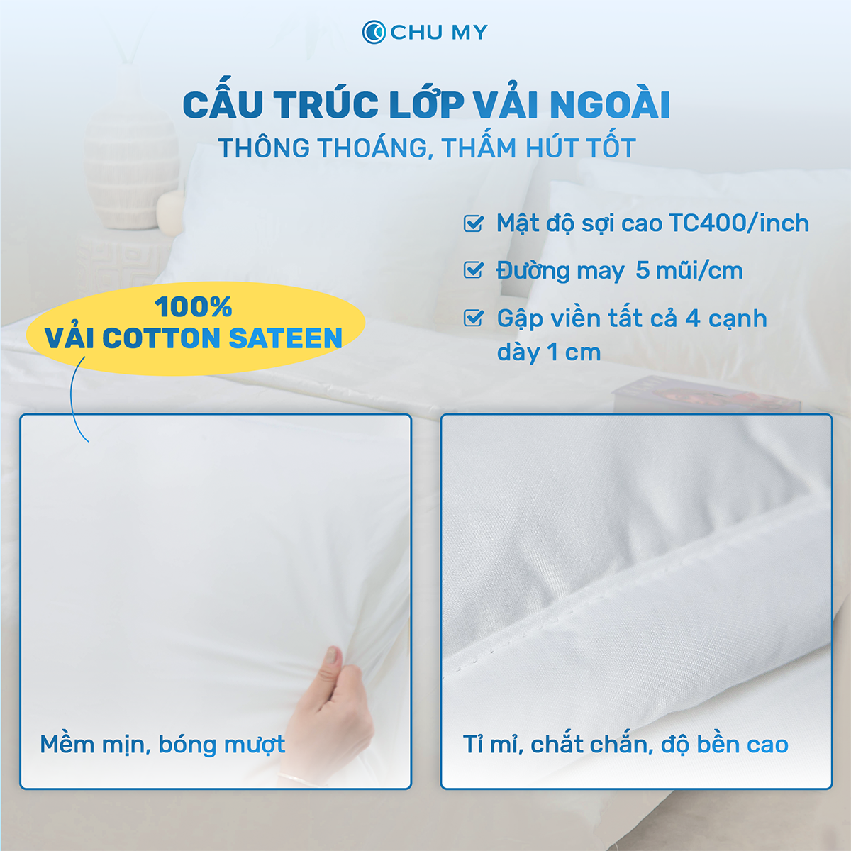 Bộ chăn ga gối khách sạn 5 sao T400 kèm chăn - Màu trắng trơn - Bộ chăn ga màu trắng 100% Cotton Cao Cấp
