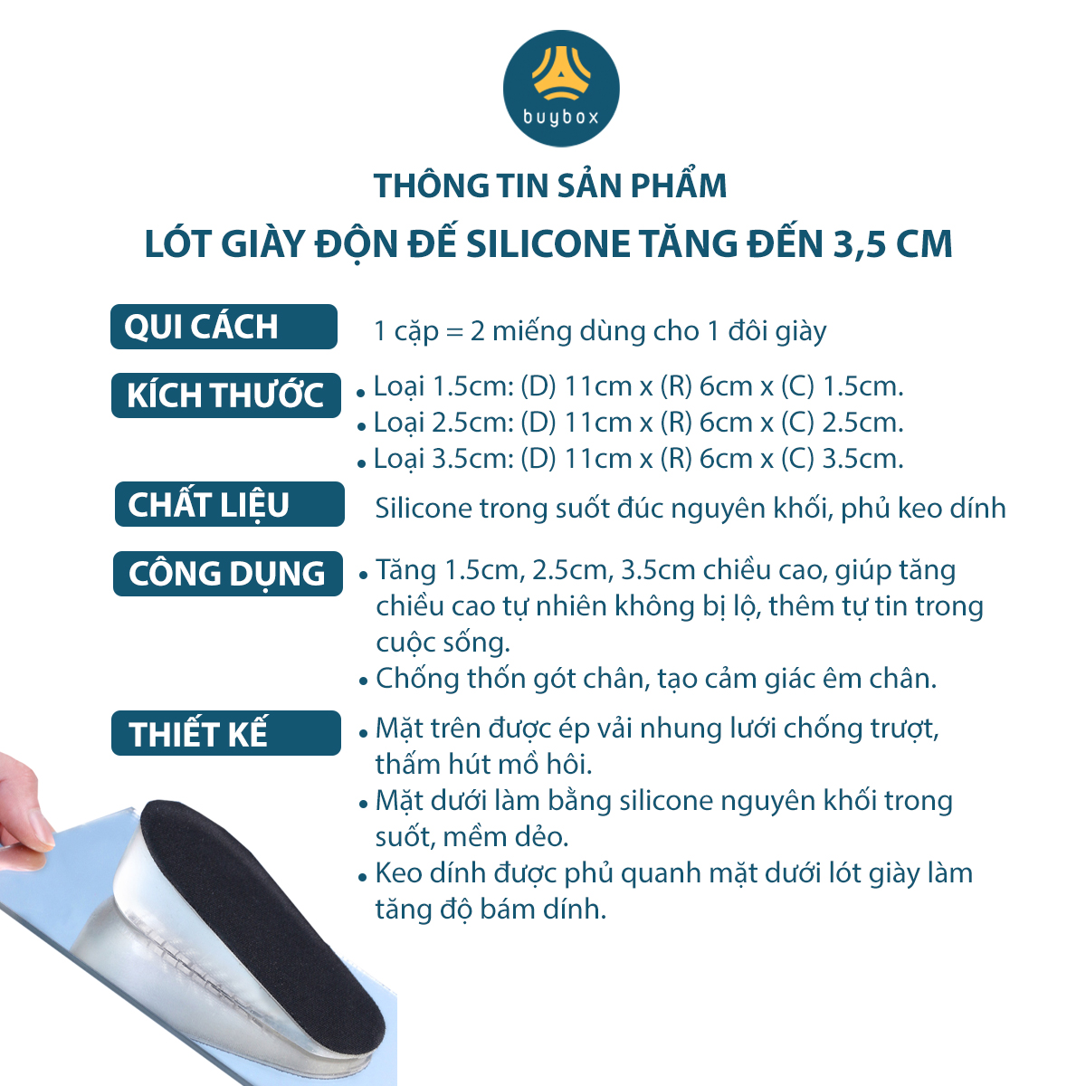 Lót độn đế giày silicone nguyên khối trong suốt, mềm dẻo, chống thốn, tăng 1.5cm, 2.5cm, 3.5cm chiều cao - BuyBox - BBPK217