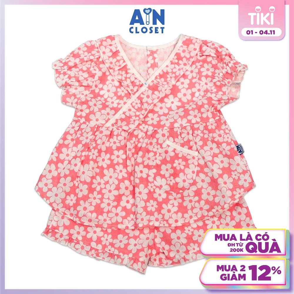Bộ quần áo ngắn bé gái họa tiết Hoa 6 cánh trắng nền hồng linen xước - AICDBGCA6QJF - AIN Closet