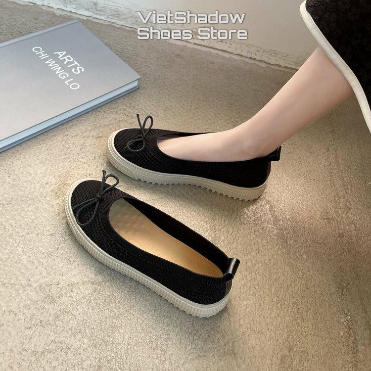 Slip on kiểu búp bê - Giày lười nữ dệt kim 3D nguyên chiếc 2 màu đen và khaki, đế cao su mềm chống trơn trượt - Mã A31