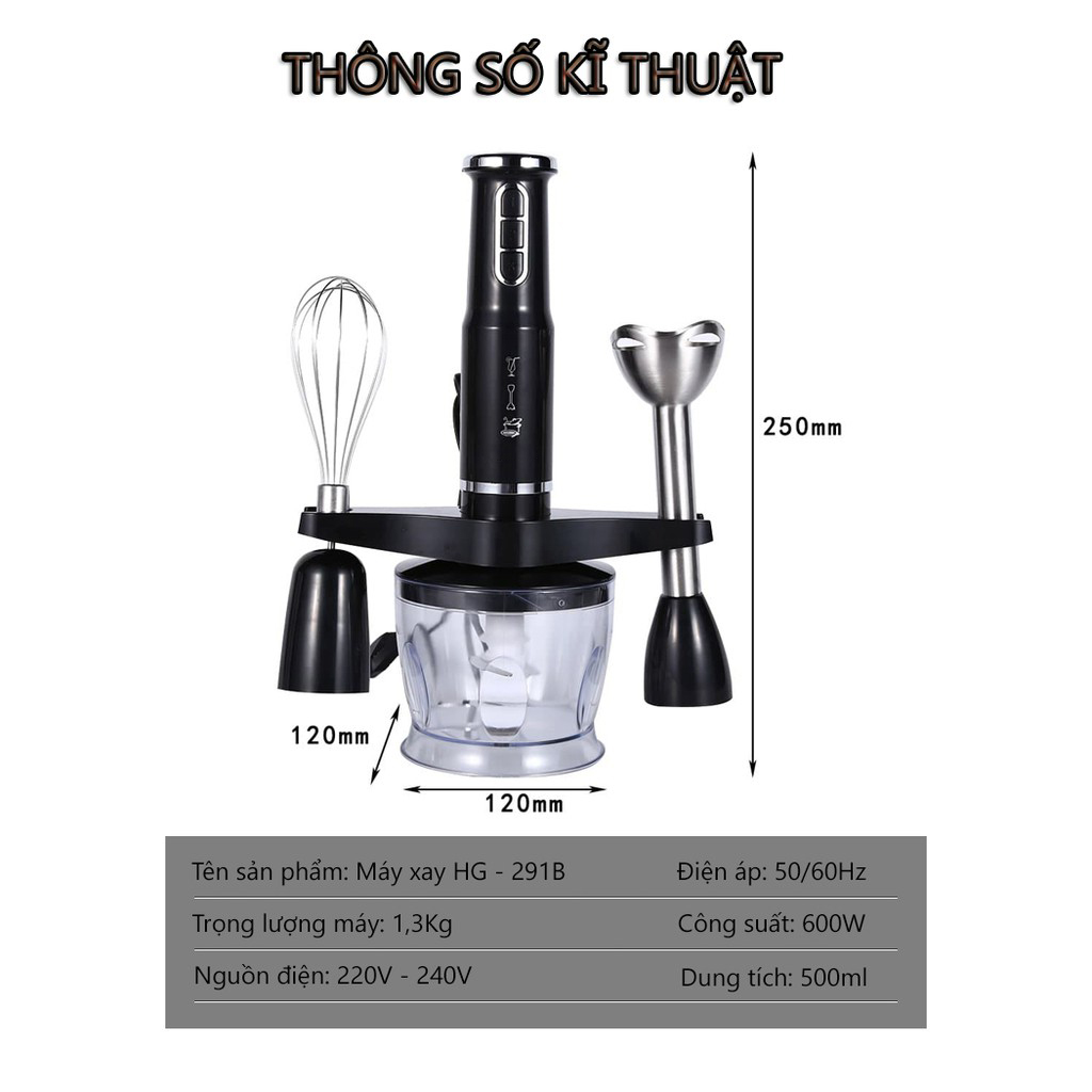 Máy xay cầm tay xay sinh tố, thịt, thực phẩm 600W - 3 mức độ xay, hoạt động hết công suất không nóng máy