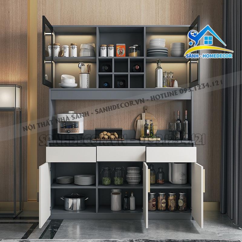 Tủ nhà bếp bằng gỗ An Cường phủ Melamine nhiều ngăn đựng đồ, tủ bếp gỗ cánh kính cường lực STB102 nội thất