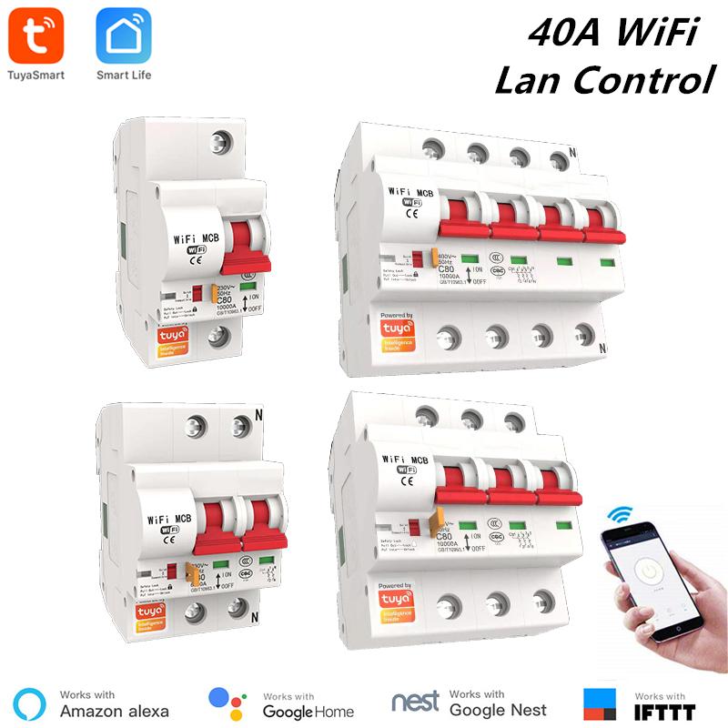 Tuya 40A 1P/2P/3P/4P WiFi SMART CRACK BREAKER BREACHITY Công tắc quá tải Bảo vệ ngắn mạch với Alexa Google Home