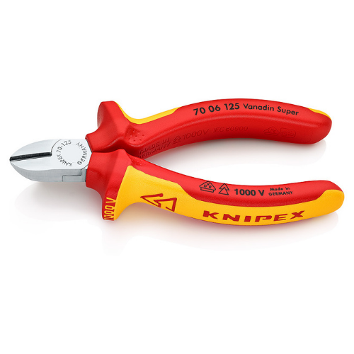 Kềm Cắt Mũi Thon Diagonal Knipex 70 06 125 Lưỡi Tôi 62 HRC, Cộng Lực 20%, Chiều Dài 125mm &amp; Tay Cầm Cách Điện VDE 1000 Volt - Sản Xuất Tại Đức