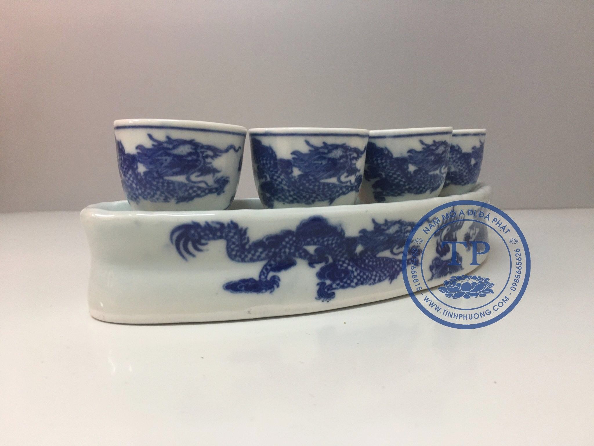 Bộ cúng nước thờ 5 ly hình rồng men xanh ngọc BH1044