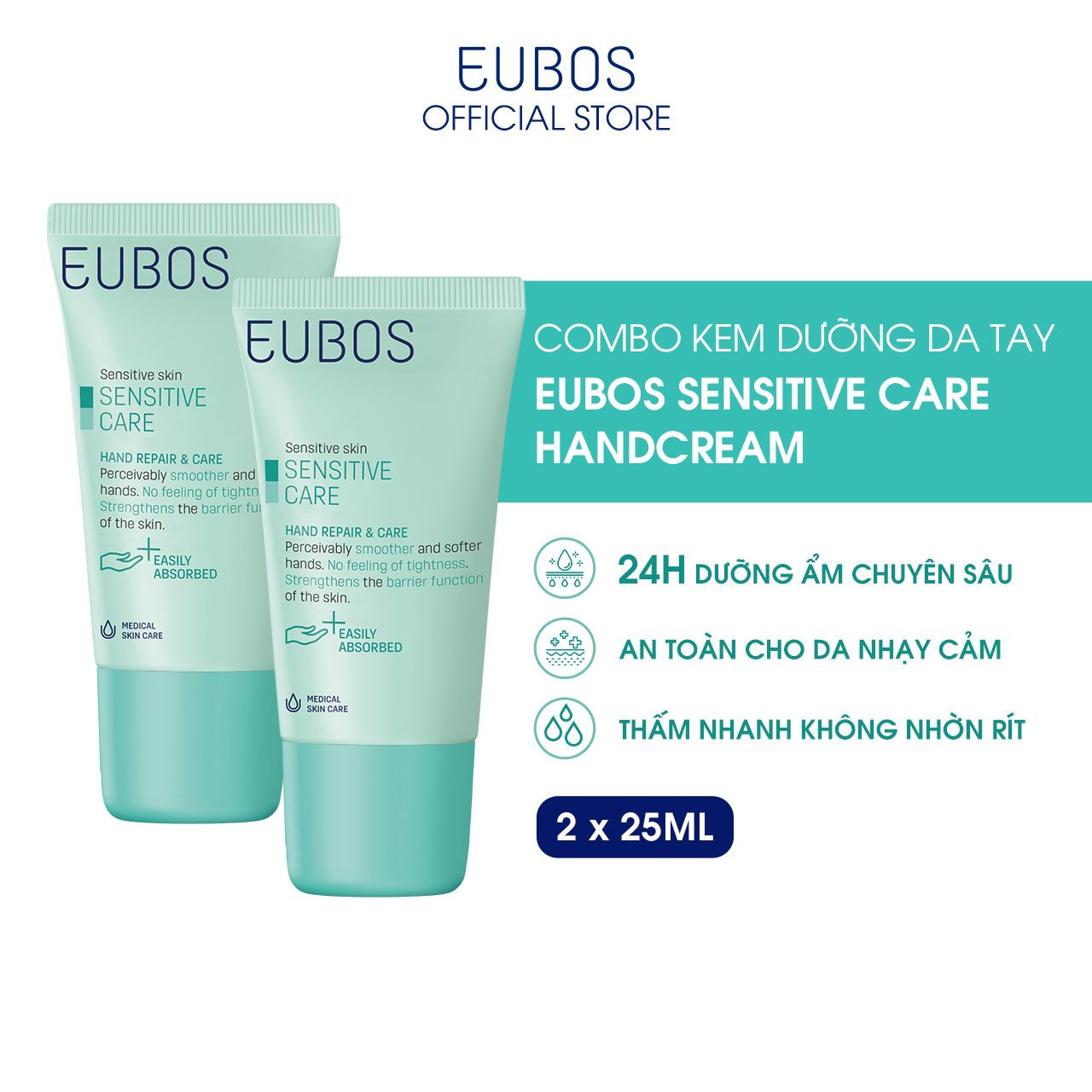 Combo Hai Chai Mini Kem Dưỡng Da Tay Cho Da Nhạy Cảm EUBOS SENSITIVE HAND REPAIR &amp; CARE 25ml