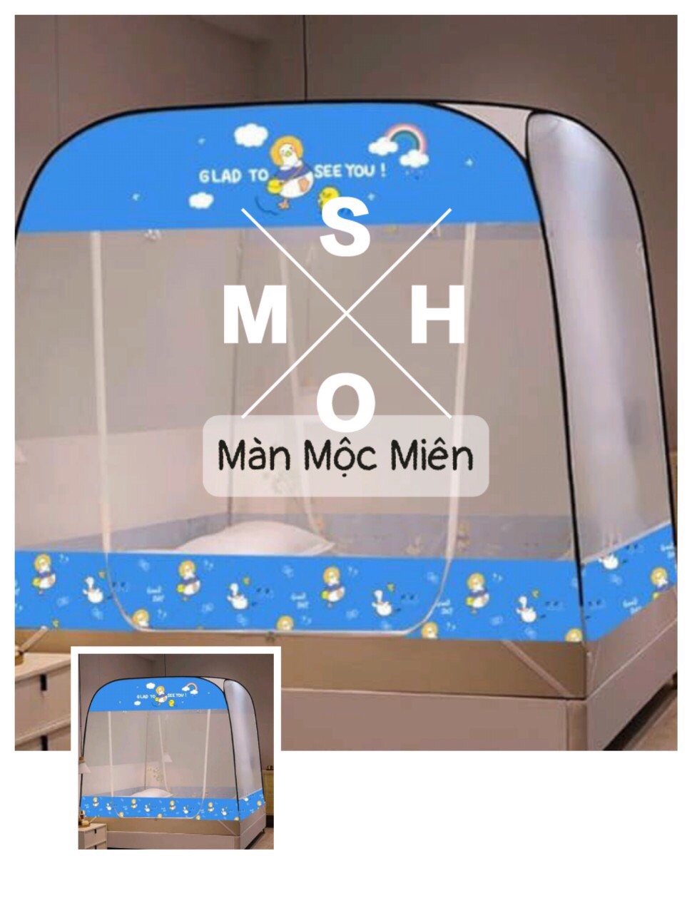 Màn Chụp Tự Bung Đỉnh Vuông Cao Cấp Mộc Miên - Màu Trắng Viền Xanh