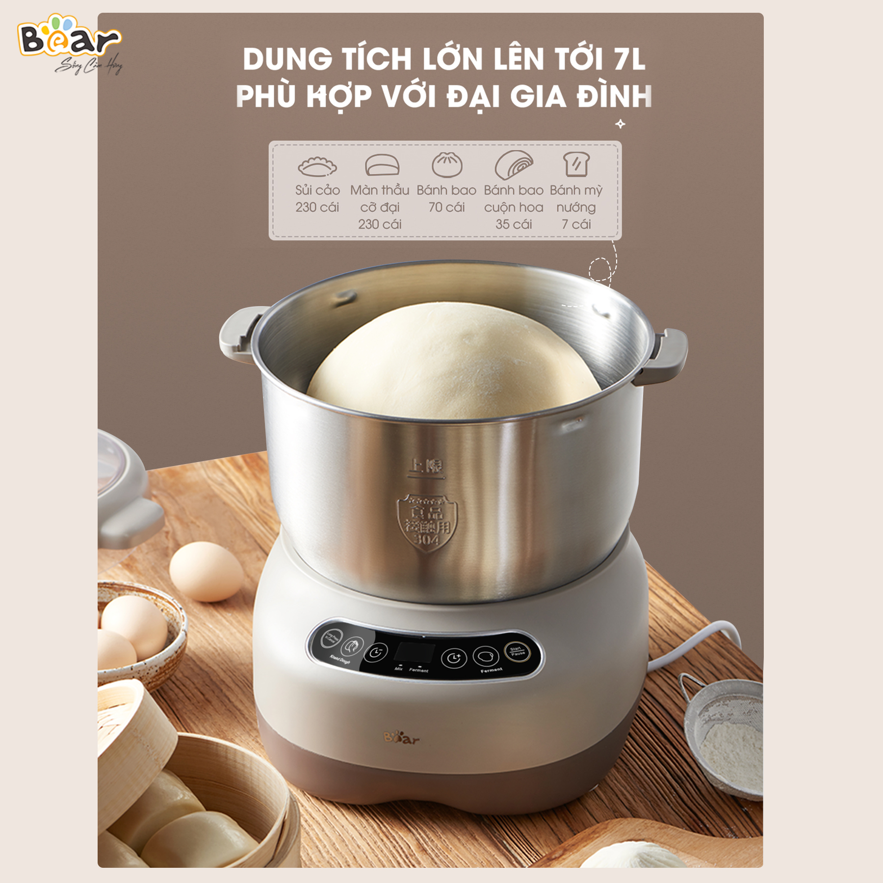 Máy Nhào Bột Bear 7L Đa Năng Ủ Bột, Trộn Bột, Nhồi Bột Nhanh Công Suất Lớn Bảo Hành Chính Hãng 18 Tháng - DM-B70V1 - Hàng Chính Hãng