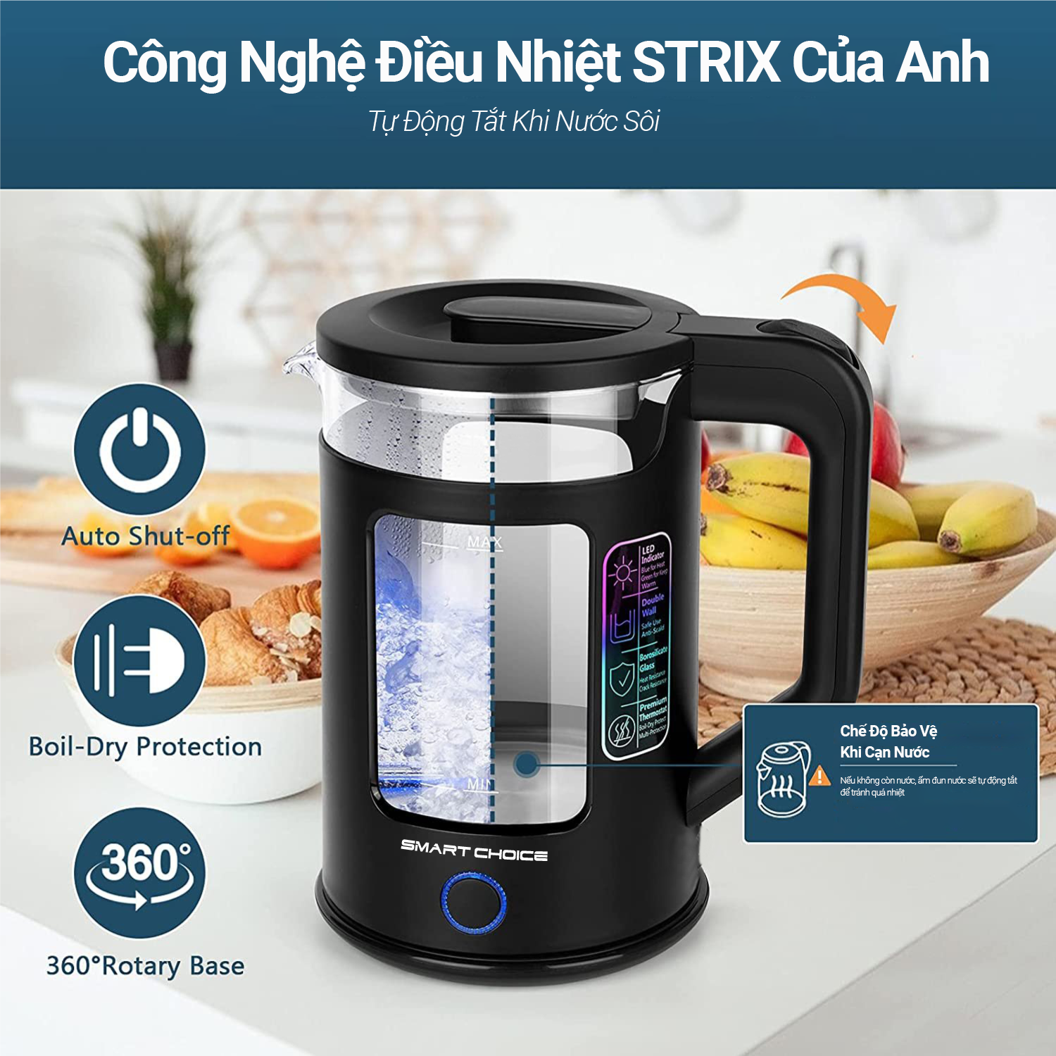 Ấm Siêu Tốc 1.7L SMARTCHOICE SCG-K001, Ấm Đun Siêu Tốc Chịu Lực, Chịu Nhiệt Tốt, Inox 304 An Toàn Cho Sức Khỏe - Hàng Chính Hãng