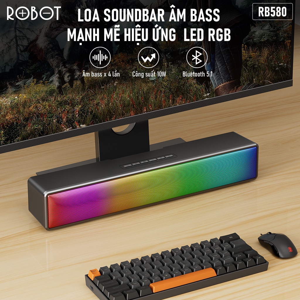 Loa thanh soundbar ROBOT RB580 10W Ultra Bass - hiệu ứng RGB, kết nối bluetooth 5.1, AUX,Type-C, thẻ nhớ, hàng chính hãng