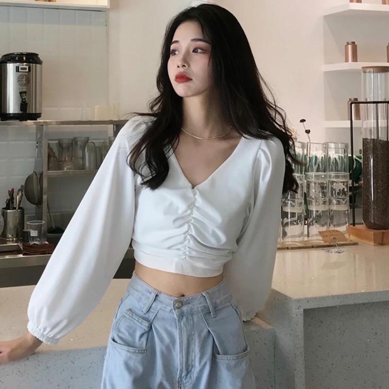 Áo Kiểu Nữ Cổ Chữ V Thanh Lịch CropTop Thời Trang