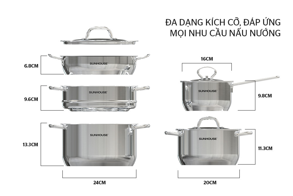 Bộ nồi chảo inox 5 đáy Sunhouse SHG995