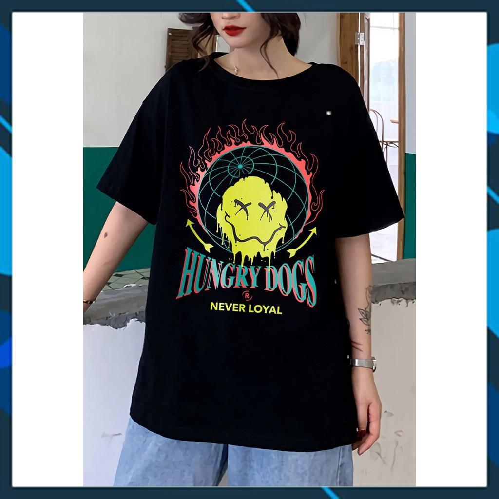 Áo thun Unisex Tay lỡ form rộng Freesize màu đen in mặt trước HUNGRY DOGS