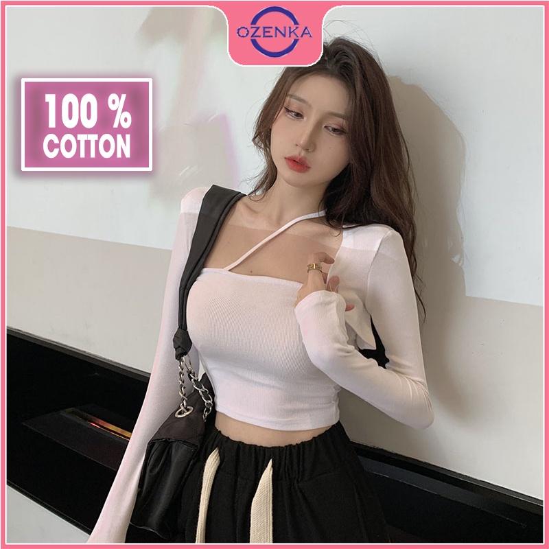 Áo khoác croptop sát nách tay dài áo 2 dây OZENKA chất thun gân 100% cotton đen trắng free size dưới 50 kg