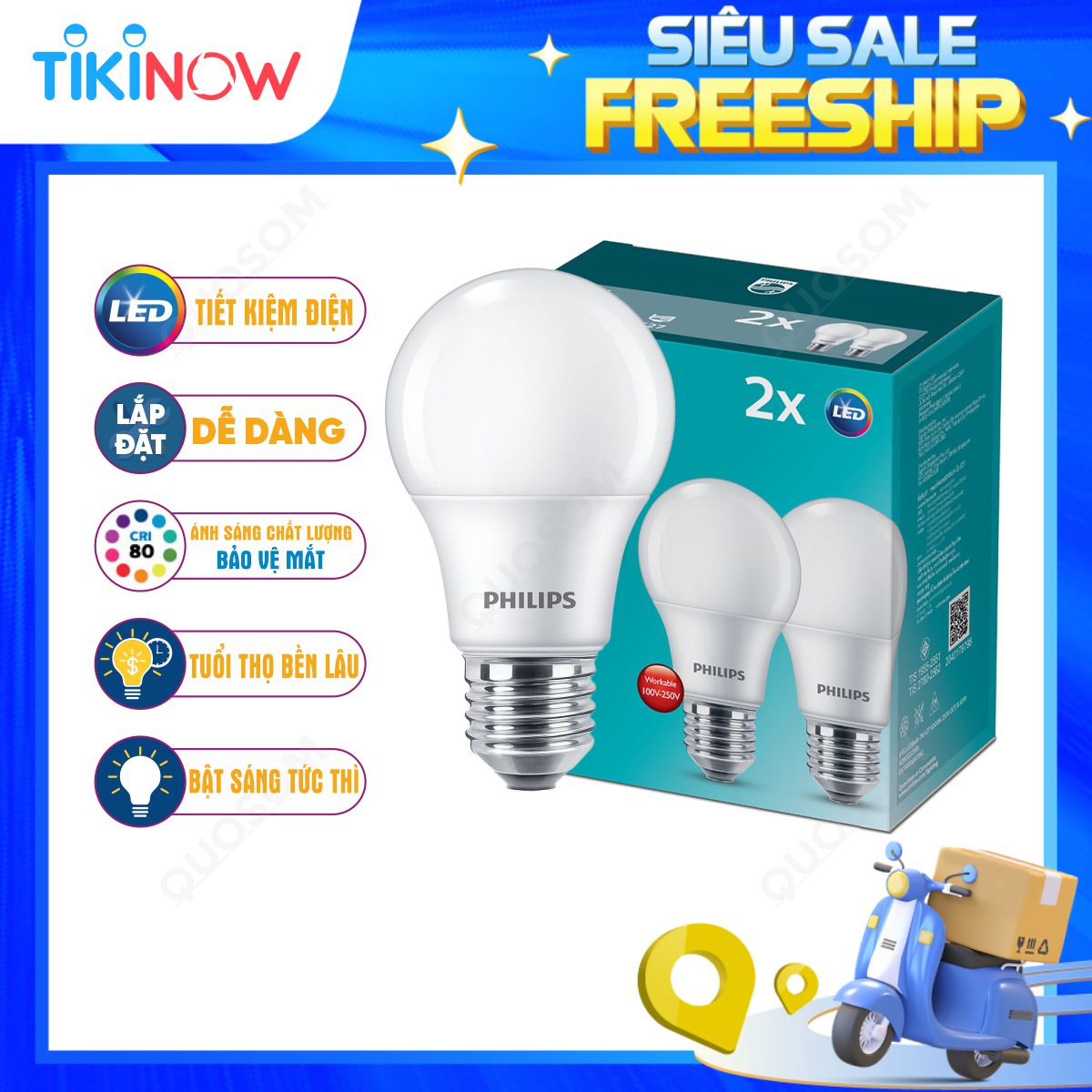 Bộ 2 bóng đèn LED Bulb PHILIPS Essential E27 - Tiết kiệm điện, Ánh sáng chất lượng cao - Hàng Chính Hãng