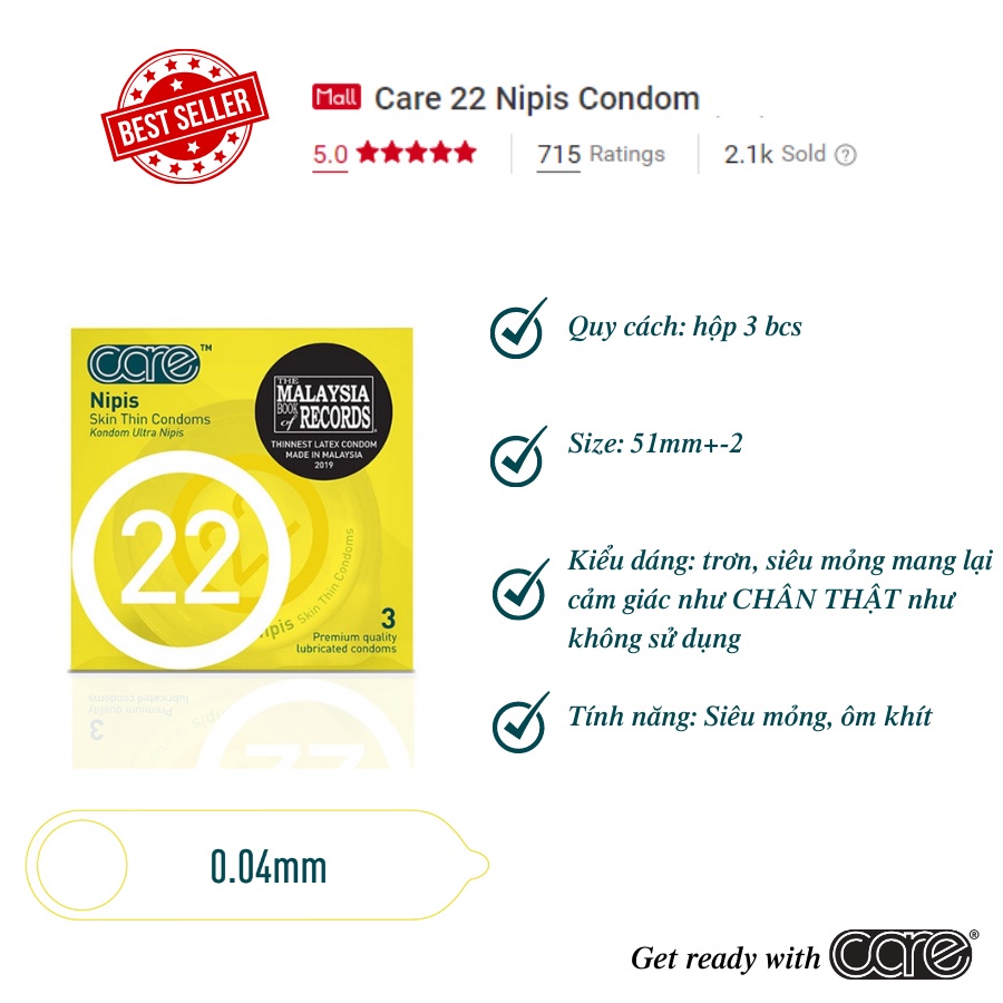 Bao cao su siêu mỏng Care 22 truyền nhiệt nhanh, nhiều gel, cao cấp cảm giác chân thật hộp 3, 6 chiếc