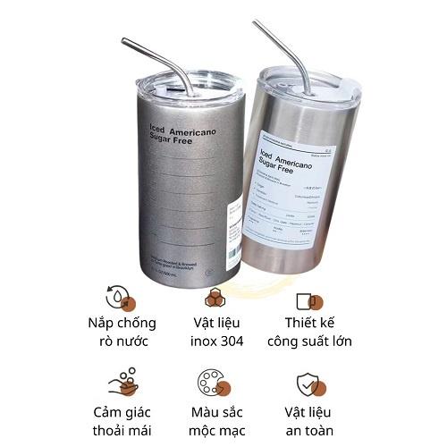 Cốc Giữ Nhiệt Iced Americano Dung Tích 600ML Kèm Ống Hút, Giữ Đá Lâu 6-8 Tiếng Cao Cấp