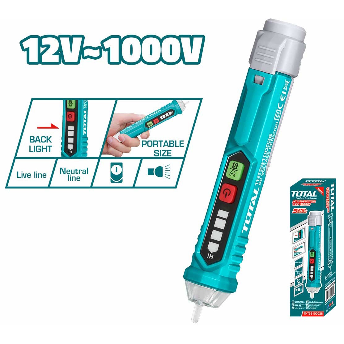 Bút dò điện áp cảm ứng AC 1000V TOTAL THT29100026 - có kèm pin, phân biệt dây nguội nóng, độ chính xác cao, đèn led báo động