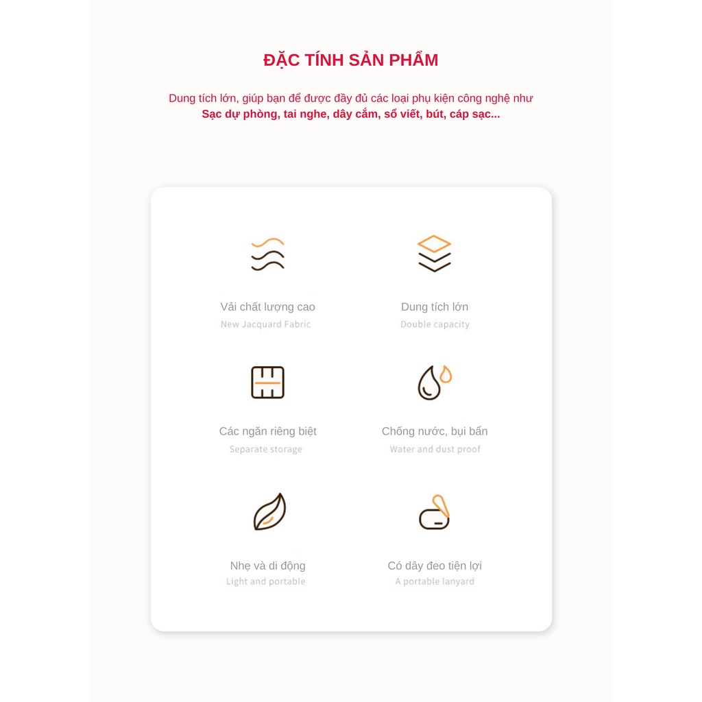 Túi đựng phụ kiện công nghệ đựng pin sạc dự phòng, điện thoại, cáp sạc usb, tai nghe có quai cầm, Túi Đựng Phụ Kiện Công Nghệ Có Quai Cầm, Chống Nước - Hàng Chính Hãng dododios