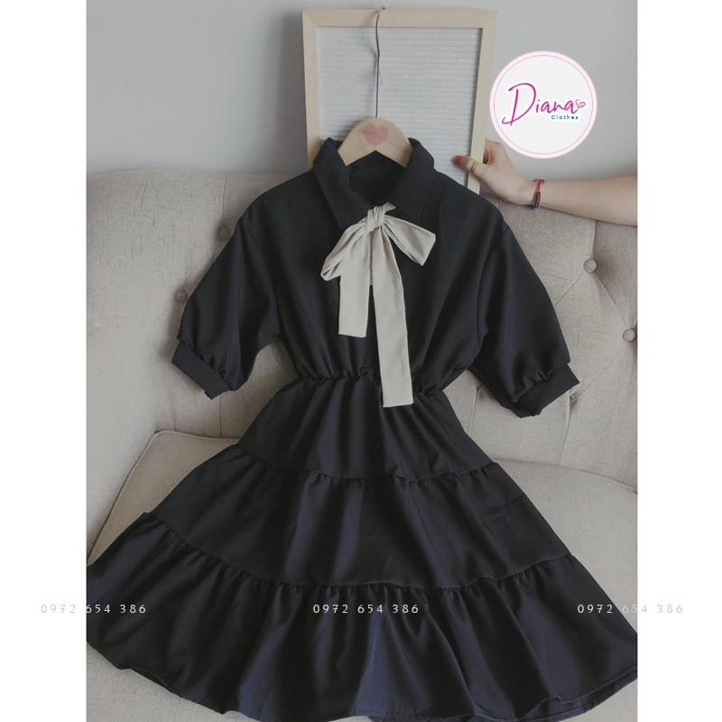 Váy nữ đầm babydoll cổ nơ - Màu đen trắng - dáng xoè tay phồng kiểu dáng Hàn Quốc