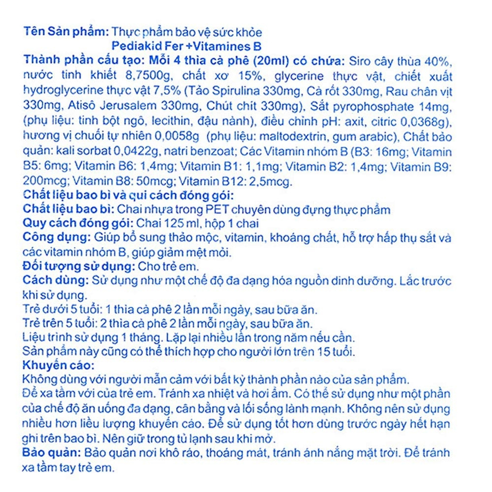 Siro Bổ Sung Sắt Và Vitamin Nhóm B Cho Bé Pediakid Fer + Vitamines B Giúp Tăng Tạo Máu, Kích Thích Thèm Ăn (Chai 125ml)