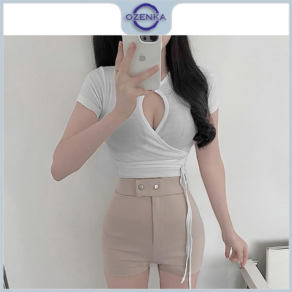 Áo croptop tay ngắn khoét ngực gợi cảm ôm nữ Ozenka , áo crt cổ tròn kiểu basic đen trắng mặc đi chơi size dưới 55 cân