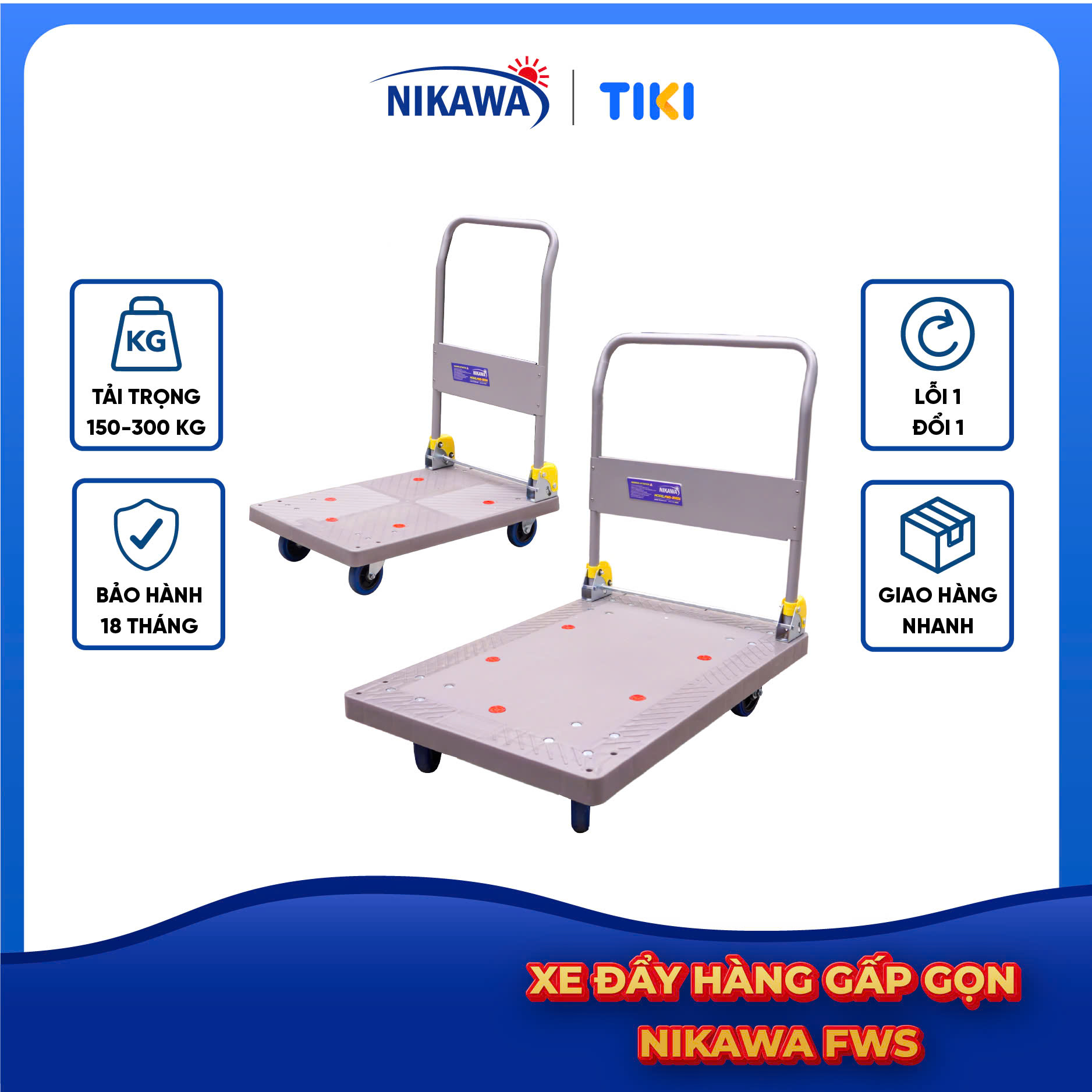 Xe Đẩy Hàng Nikawa FWS-150DS/300DS tải trọng 150-300kg sàn nhựa bánh xe cao su cao cấp. bảo hành 18 tháng - Xám
