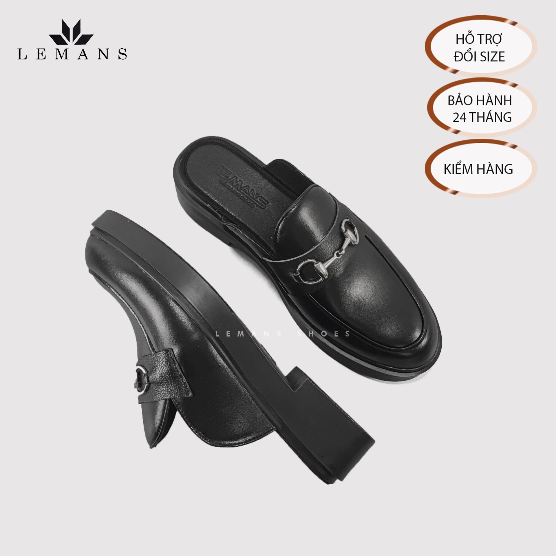 Giày Sục LEMANS Mules Loafer - Black. Da bò nguyên tấm Đế khuôn độc quyền tăng cao 4cm. Bảo hành 24 Tháng