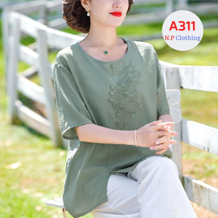 Áo Trung Niên Nữ A311, Kiểu Áo Sơ Mi Trung Niên Cho Mẹ Thêu Hoa Tay Ngắn Cổ Tròn | Thời trang Trung Niên NP Clothing